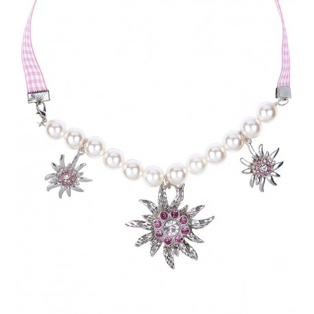 Edelweiss en Parels Ketting met Roze Bergkristal